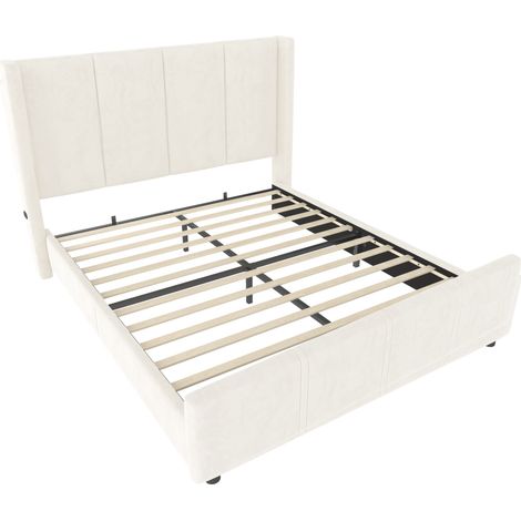 Cama con canapé tapizada beige 140 x 200 cm con cabecero y pie de cama altos, puertos USB 12 V (1/5)