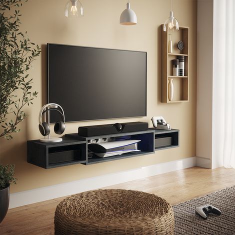TV-Schrank Nordic, Schwarz Beton, 139.7 x 20.3 cm mit offenen Regalen, Vicco