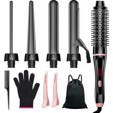 5 in 1 Curling Wire, Quick Heating Thermal Brush with 4 Interchangeable Ceramic Barrels (0.35"-1.25"), Fast Heating Double Voltage Travel Tools (1/5)