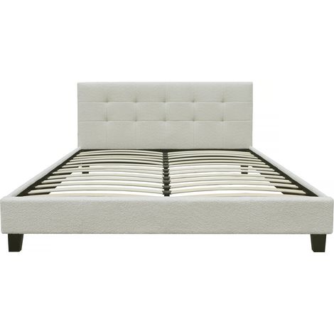 Habitat Et Jardin – Lit adulte en tissu bouclette 140x190 cm – Crème – Structure en contreplaqué – Design moderne et épuré (1/4)