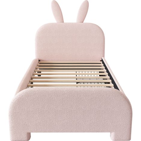 Lit enfant 90x200 cm en tissu peluche rose avec tête de lit lapin et 2 tiroirs (1/5)