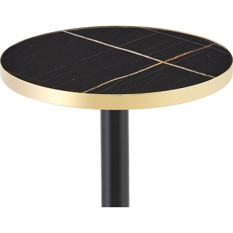 Tavolino rotondo moderno in MDF e metallo nero con bordo effetto marmo e finitura oro (1/5)
