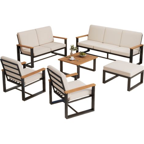 Gartenmöbel Set 6-Teilig, Garten Lounge Set Metall mit Akazienholz-Tisch, 3-Sitzer, 2-Sitzer, 2 Sessel, Hocker, Beige