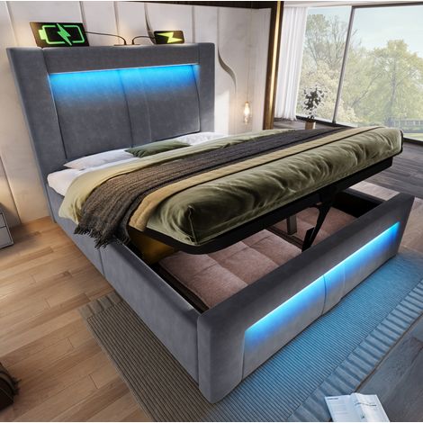 Bett Bettgestell 90x200 Stauraum LED Grau Samt HAVRYA (1/5)