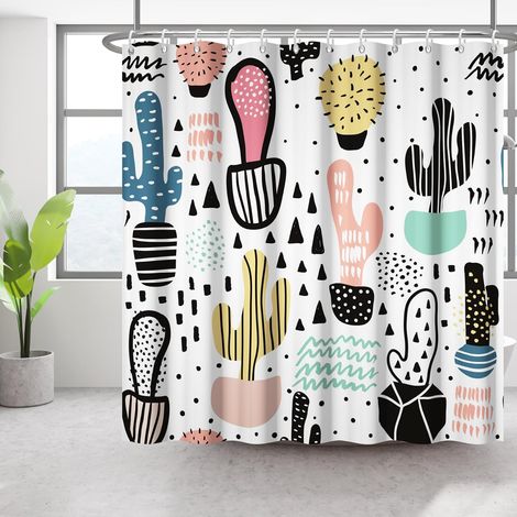 Cactus Plante Rideau de Douche Ligne Abstraite Dessin animé Salle de Bain Rideaux de Douche coloré désert Cactus Art Rideaux Salle de Bain décor pour Enfants Salle de Bain hôtel 180x180cm (1/4)