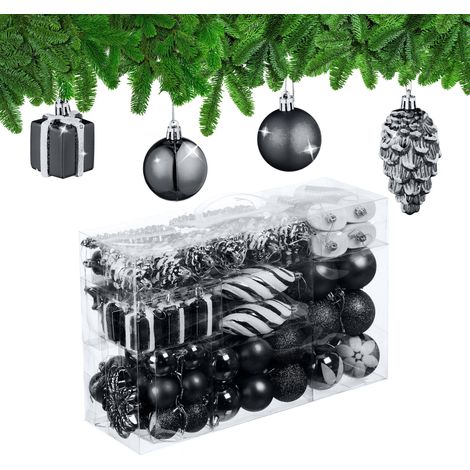 Boules de Noël, Lot de 72, en Plastique, Ornements de Sapin, cœurs, Bottes, Pommes de pin, Noires (1/5)