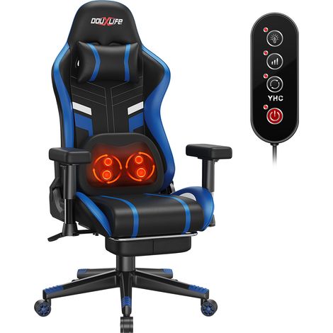 ergonomisch Gaming-Stuhl, Bürostuhl mit Knetmassage- und Heizfunktion, hoher Rückenlehne, Lendenwirbelstütze mit Fußstütze, gepolsterte 2D-Armlehnen verstellbar,-Schwarz+Blau