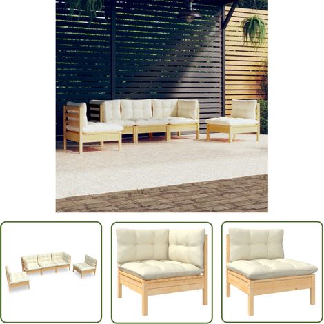 Salon de jardin 5 pcs avec coussins crème Bois de pin massif 3 (1/5)