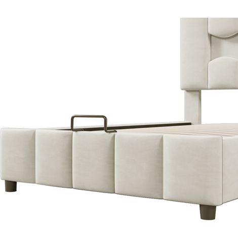 Lit capitonné 90x200 cm avec rangement hydraulique et LED, velours beige MODENUIT (1/5)