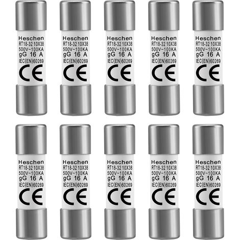 Lot de 10 fusibles cylindriques en céramique, RT18-32 (RO15), 10 x 38 mm, 16A 500V (1/5)