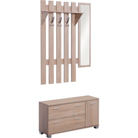 Set Arredo Guardaroba 3 in 1 con Specchio e Scarpiera da Ingresso Pannello Truciolare 90 x 21.5 x 116cm Quercia