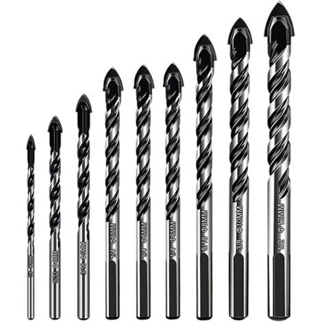 Un set di 9 punte da trapano, in vari materiali, con diametri di 3/4/5/6/6/8/10/12 mm, adatte per forare materiali come piastrelle di ceramica, ceramica, mattoni (1/5)