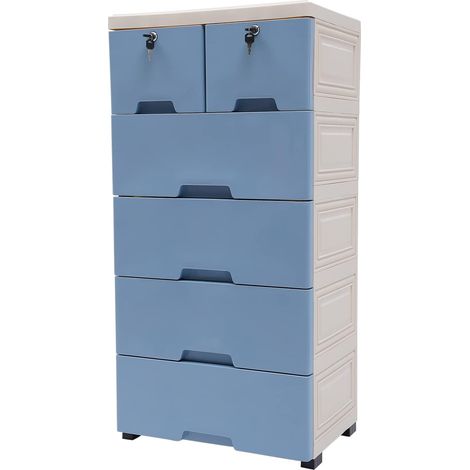 Cajonera con 6 cajones y 4 ruedas, torre de almacenamiento de plástico, organizador de cajones para salón, oficina, dormitorio, color azul (1/5)
