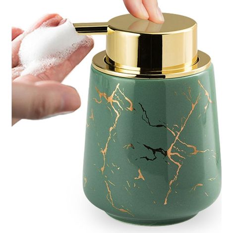 Céramique Mousse Distributeur de Savon, 380ML Motif Marbre avec Grande Tête de Pompe Distributeur de Salle de Bain, Vert (1/5)