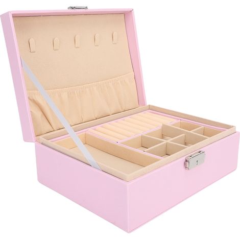 Boîte à bijoux à double compartiment, en cuir PU souple, avec fermeture à clé, idéale pour ranger colliers, bracelets, boucles d'oreilles et autres bijoux, rose. (1/5)