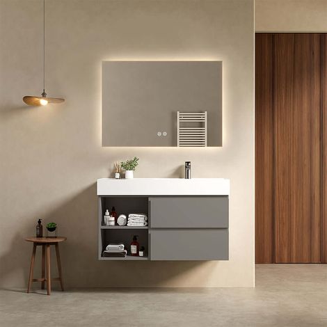 Mobile bagno sospeso 100 cm Grigio Londra Lavabo a Destra in Resina Specchio Quadro Retroilluminato - Fiji Paint Plus (1/4)