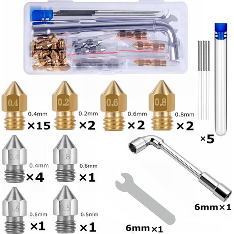 Lot de 28 buses d'imprimante 3D, MK8 Nozzle 21 buses en laiton, 7 buses en acier inoxydable, avec outil de nettoyage,pour buses CR-8 / CR-10 / Ender 3 / Ender 3S / 5/6 and so on…