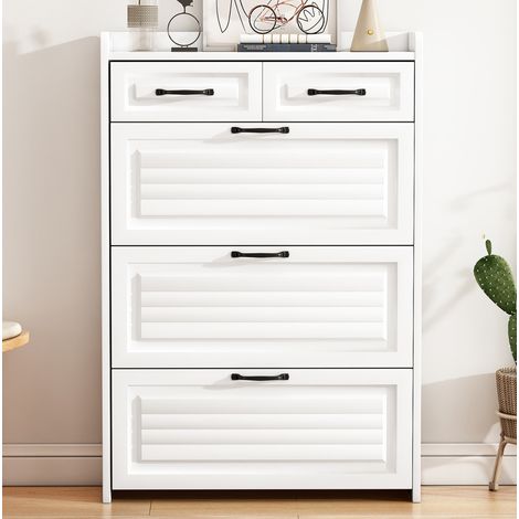 Zapatero de aglomerado blanco con 3 puertas abatibles y 2 cajones, tiradores metálicos, 80 x 23,5 x 131 cm (1/5)