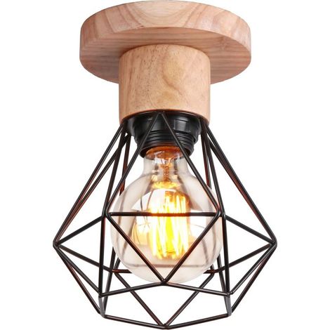 Plafonnier E27 Vintage Lustre Abat-jour en Métal et Bois Ø160mm Suspension Luminaire Industrielle Rétro Ampoule non incluse(Plafonnier-1pcs) (1/5)
