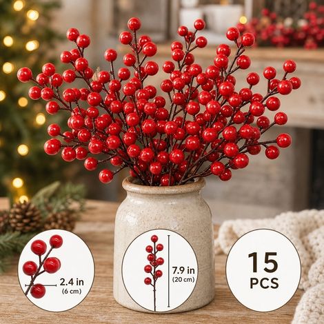 Lot de 15 pics baies rouges et aiguilles de pin artificiels, deco sapin couronne arrangement (1/5)