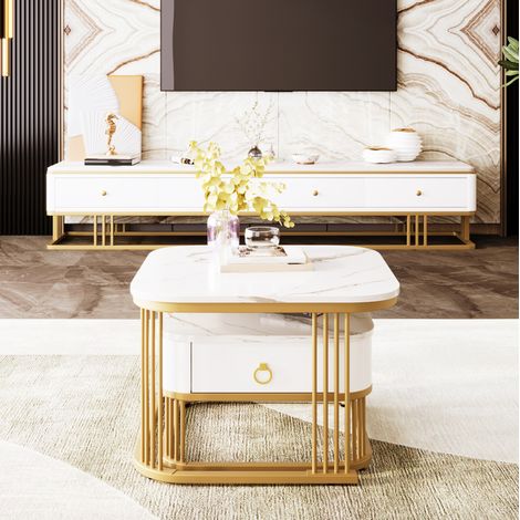 Mesa de centro nido 2 piezas efecto mármol blanco brillo y dorado con cajón DESVIAE (1/5)