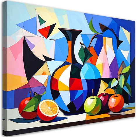 Stampe su Tela, Natura morta colorata con frutta e un vaso geometrico. - 60x40 (1/2)
