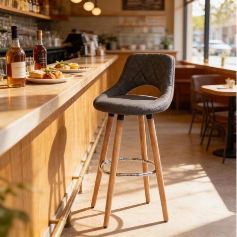 Taburete de bar con respaldo, asiento 43 x 40 cm, altura 96 cm, lino y madera, gris oscuro HAVRYA (1/5)