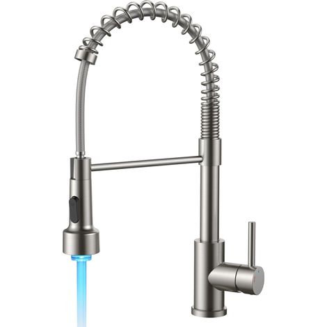 Robinet Cuisine Douchette LED avec Indicateur de Température, Mitigeur Cuisine d'evier en Acier Inoxydable avec 2 Modes de jet, Levier Unique, Bec Pivotant 360°, Haute Pression (1/5)