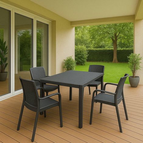 Dmora - Conjunto de salón de exterior Roccaraso, Conjunto de exterior e interior, Mesa rectangular fija con 4 sillas, Fabricado en Italia, Color Antracita (1/4)