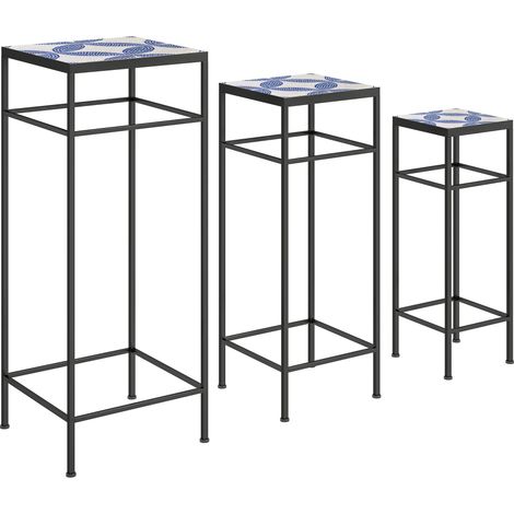 Ensemble 3 supports pour plantes bleu et blanc, 71 cm de haut, 3 étagères métalliques de tailles différentes, idéal pour pots de fleurs au salon, jardin ou balcon. (1/5)