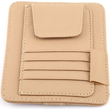 Étui organisateur de pare-soleil auto avec poche pour cartes et lunettes, clip intégré, couleur beige (1/2)