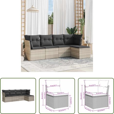 vidaXL Rattanmöbel - 5-tlg. Garten-Sofagarnitur mit Kissen Hellgrau Poly Rattan (1/5)