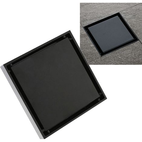 Caniveau de douche invisible carré de 10 cm (4 pouces) en acier inoxydable anti-odeurs, pour salle de bain, carrelable, noir, épaisseur 1,3 mm. (1/5)