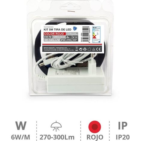 Kit de bande LED rouge 5 m, 6 W/m, IP20, prêt à l'emploi