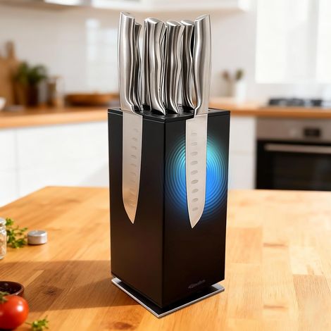 Bloc à couteaux magnétique rotatif à 360° en acier inoxydable - Sans couteau - Noir - Bloc magnétique universel pour couteaux de cuisine - Porte-couteaux pour couteaux et outils (1/5)