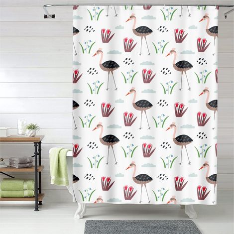 Rideau de douche décor flamant rose feuilles tropicales, tissu polyester, 150x180 cm (1/5)