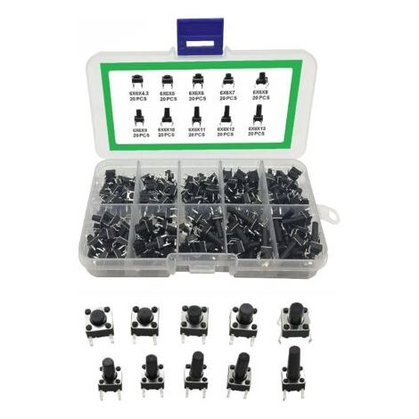 Tactile push button, assortment set with tactile switches, 4-pole momentary switch, micro momentary switch, for printed circuit boards, pack of 200