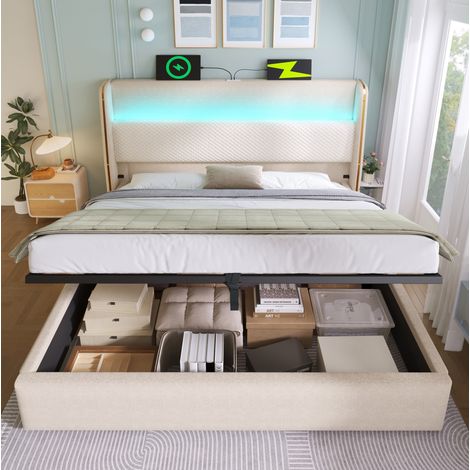 Lit coffre 180x200 cm hydraulique avec LED, ports USB/Type-C, tête de lit haute, beige HAVRYA (1/5)