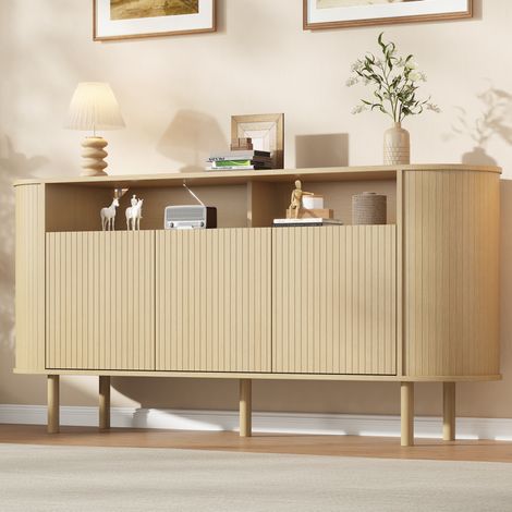 Mueble TV 160x40x78,5 cm con 3 puertas onduladas, 2 nichos abiertos, patas de madera, madera natural (1/5)