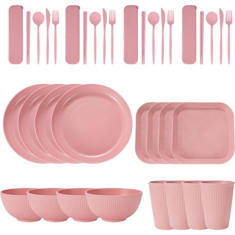 Tragbares Geschirrset aus Weizenstroh (Schüsseln, Teller und Becher), Messer, Gabel, Löffel und portugiesische Essstäbchen. 36-teiliges Set.