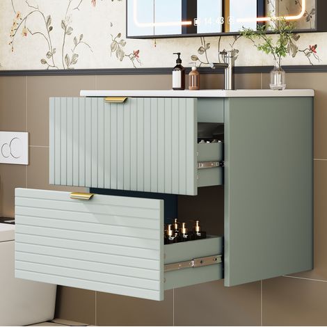 Waschtisch mit Unterschrank MDF/Keramik mintgrün 61x46x57 cm, wandhängend, mit 2 Soft-Close-Schubladen (1/5)