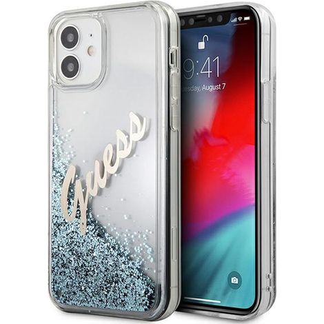 Custodia per iPhone 12 mini Guess Glitter Vintage Script Blue (1/5)