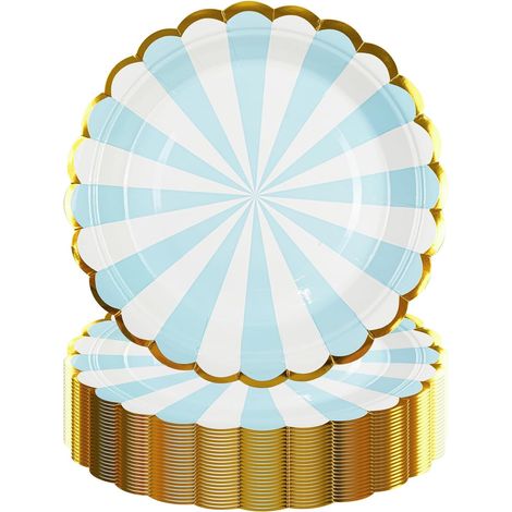 50 assiettes à dessert jetables bleues avec bords festonnés dorés - Vaisselle de fête haut de gamme pour anniversaires, mariages, fêtes prénatales et autres célébrations.