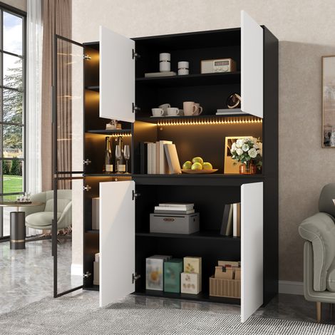 Vetrina alta 160 cm con illuminazione a LED, credenza alta per soggiorno o sala da pranzo, 6 ante, MDF bianco e nero (1/5)