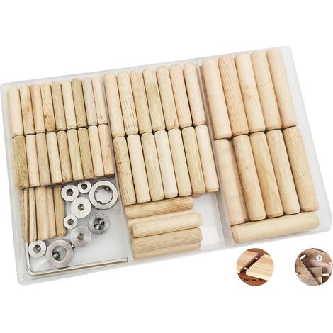 Cheville en Bois, Assortiment de Tourillon Bois, 6mm/60 pcs, 8mm/34 pcs,10mm/22 pcs Tourillon Bois, 6 pcs Pointe de Centrage et 3 pcs Butée de Profondeur, avec clé hexagonale (1/5)