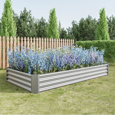 Bac potager surélevé 232x113,5x30 cm en métal argenté, sans fond pour jardin FloraGrace (1/5)