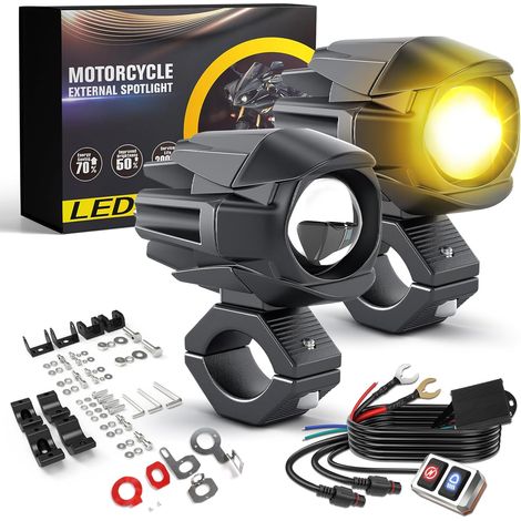 60W 18000LM Feux Additionnels Moto Phare LED Auxiliaire Antibrouillard Blanc Ambre Étanche 9 Modes Stroboscopiques Kit Faisceau Câblage Supports Montage (1/5)
