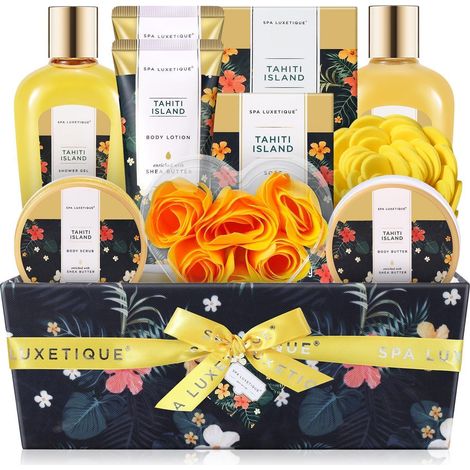 Coffret cadeau spa 12 pièces Tahiti pour femme, senteur tropicale, avec boîte en tissu