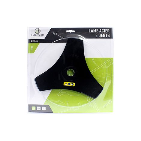 lame acier 3 dents évidées pour débroussailleuse, dimensions coupe: 255mm, alésage: 25,4mm, ep: 2,0mm. (sous coque).