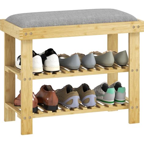 Banc à chaussures avec assise, banc en bambou avec rangement, 2 compartiments ouverts, 60 x 29 x 49 cm, gris (1/5)